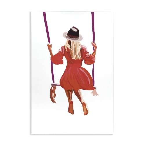 Woman in Red Dress Park Swing, 13 x 19 Inch Mounted Print on Wall Plaque