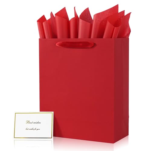 Elegant Red Gift Bag 10.2x4.7x12.2 with Ribbon Handles Includes Card and Tissue Papers Perfect for Birthdays Weddings Parties Holidays Baby Shower