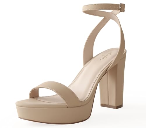 Image of Ankis Platform Heels for Women 4 Inches Chunky Heels Sandals for Women Comfy Open Toe Block Heeled Sandals Nude White Silver Gold Black Ankle Strappy Heels
