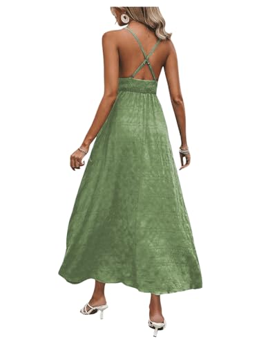 Image of Milumia Women's Summer V Neck Backless Maxi Dress Boho Spaghetti Strap A Line Flowy Beach Long Sundress