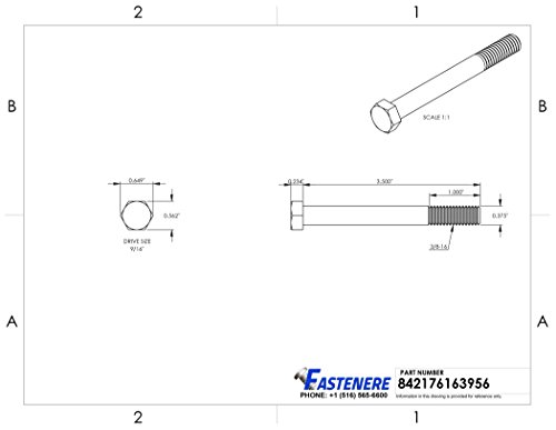 Image of 3 /8-16 x 3-1 /2 inch Hex Head Cap Screw Bolts, External Hex Drive, Stainless Steel 304, Partially Threaded, Stainless Steel, Quantity 5 By Fastenere