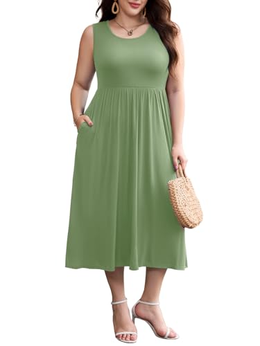 Image of LARACE Women's Plus Size Sleeveless Maxi Dress Casual Crew Neck Pleated Flowy Long Dresses with Pockets L-6XL