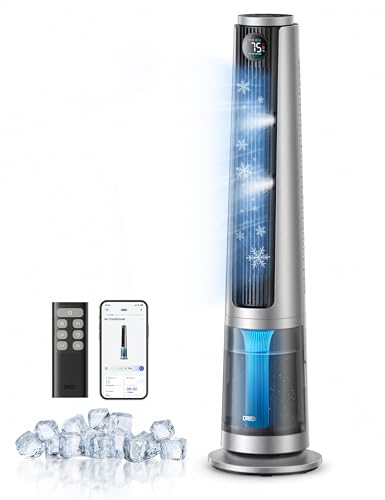 Image of DREO TurboCool Misting Fan 765S, Fans that Blow Cold Air, 10F Cooling, 34ft /s Fast Evaporative Air Cooler, 6L Tank, 20 dB Quiet DC Motor, 90 Tower Fan with 12 Speeds, 4 Modes for Home, Silver