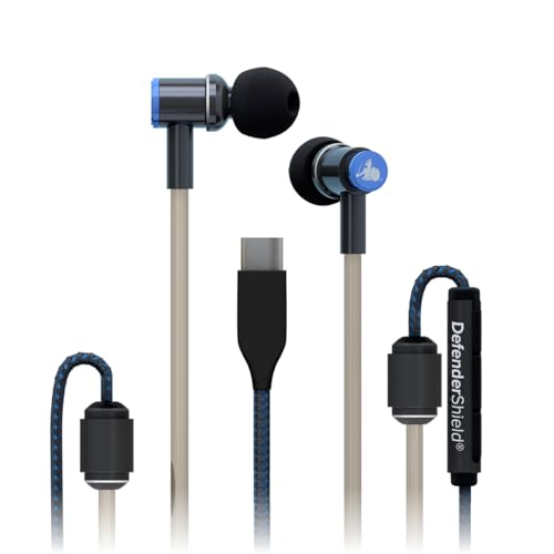 DefenderShield Air Tube Stereo Earbuds USB-C - Universal Acoustic Wired Headphones with Mic & Volume Control