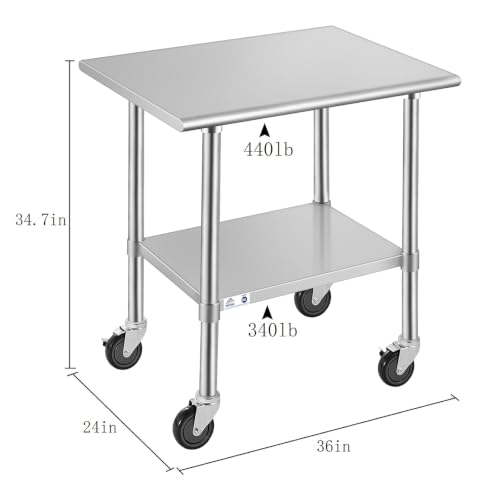 Image of ROCKPOINT Stainless Steel Table for Prep & Work with Caster Wheels 24x36 Inches, NSF Metal Commercial Kitchen Heavy Duty Table with Adjustable Under Shelf and Table Foot for Restaurant, Home and Hotel
