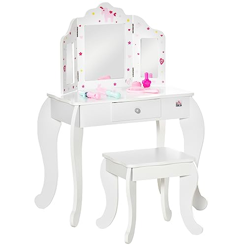 HOMCOM Kids Vanity Table and Chair Set, Girls Vanity Set with Tri-Folding Mirror and Stool, Makeup Dressing Table with Drawer, White