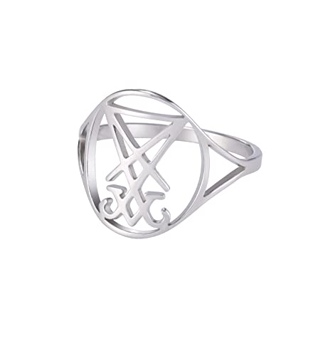 UNIFT Sigil of Lucifer Rings for Men Women Stainless Steel Gothic Church of Luciferian Occult Devil Seal Symbol Ring Satanas Amulet Jewelry (7, silver)