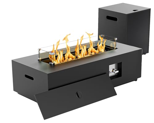 SUNPEAK 42" Rectangular Propane Fire Pit Table 50,000 BTU Fireplace Table with Wind Guard, Lid, Rocks and Cover - Fire Pits & Outdoor Fireplaces - Gas Fire Pits for Outside Patio (Black, 42")