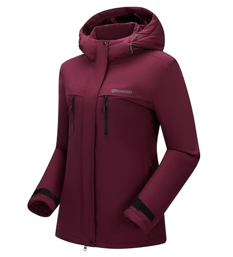 BOWOXO Women's Ski Jacket Thicken Winter Snow Coat Warm Fleece Mountain Waterproof Female Jacket Hooded Windbreaker(Dark Red,L) — view 3