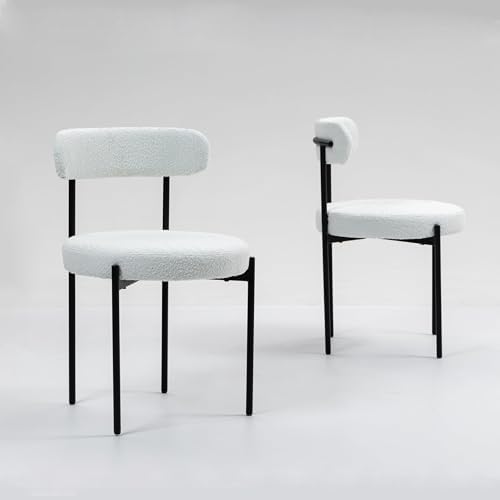 MCH Midcentury - Juego de 2 sillas de comedor modernas de tela blanca vintage con diseño de boucle, acogedoras sillas tapizadas con patas de metal