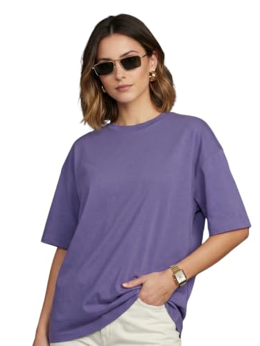 Image of JUNEBERRY Pure Cotton Oversized Baggy Fit Half Sleeve Drop Shoulder Plain Solid Round Neck T-Shirt for Women (Available in Black, White, Lilac, Cork, Maroon, Royal Blue, Swan White, Soap Nut Colors)