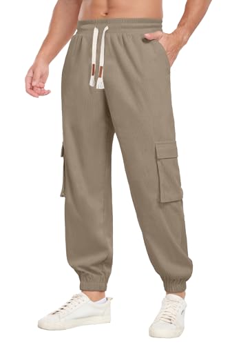 Askdeer Mens Corduroy Joggers Pants Casual Cargo Pants Drawstring Elastic Waist Baggy Tapered Sweatpants with 5 Pockets Khaki3
