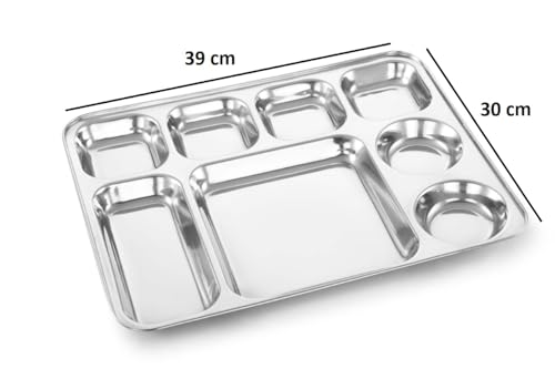 Image of Expresso 8 in 1 Rectangle Eight Compartment Divided Plate /Thali /Bhojan Thali /Mess Tray /Dinner Plate | Plates for Lunch /Dinner with Mirror Finish Stainless Steel Bhojan Plates Set of 5