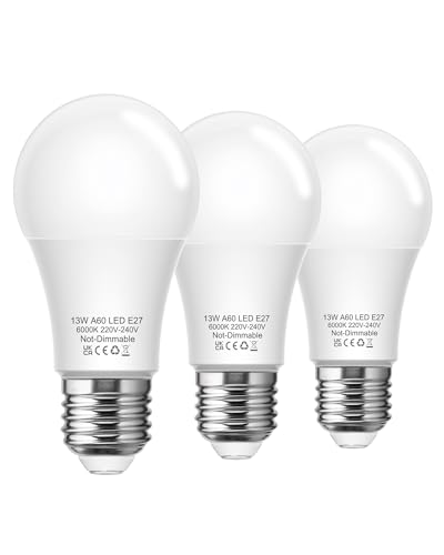 Image of Flaspar E27 Screw Bulb, 100W Equivalent Super Bright E27 LED Screw in Light Bulb, Cool White 6000K, 13W Standard A60 LED GLS Bulbs, Non-Dimmable, Pack of 3