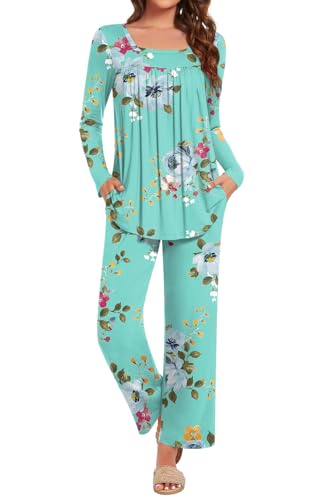 Anydeer Women Pajamas Set Long Sleeve Casual 2 Piece Pleated Pjs Nightwear Pants With Pocket