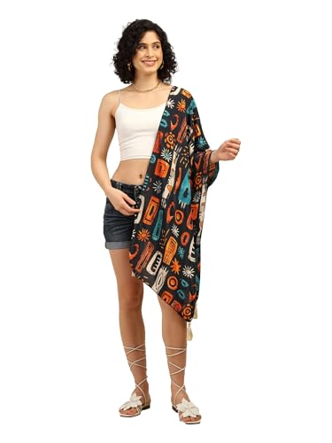 Image of KE KANHA EXPORTS Scarf for Women Boho | Border Print Stylish | Stole for Women Breathable Summer Beach Wrap with Tassels | Multicolour |180 x 50 cm FREE Scrunchie Included