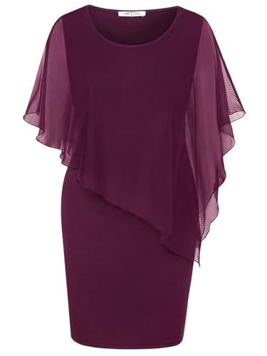 SeSe Code Formal Dresses for Women Wedding Guest Mesh Cape Overlay Bodycon Knee Length Pencil Dress Summer Cocktail Evening Party Outfits Church Dating Holiday Clothes Pink Purple XL