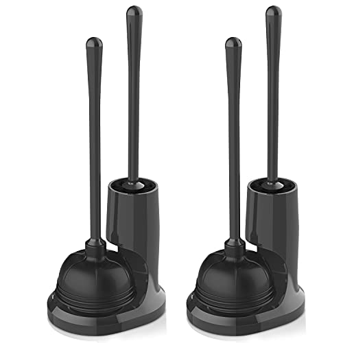 uptronic Toilet Plunger and Brush, Bowl Brush and Heavy Duty Toilet Plunger Set with Holder, 2-in-1 Bathroom Cleaning Combo with Modern Caddy Stand (Black, 2 Set)