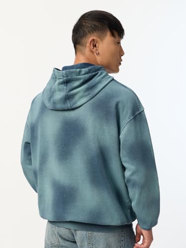 Image of The Souled Store: Ambient Men and Boys Full Sleeves Hooded Neck Blue Washed Cotton Oversized Fit Embroidered Everyday Streetwear Oversized Hoodie