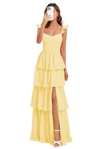 ZUMEIJIA Yellow Plus Size Spaghetti Straps Ruffles Bridesmaid Dress with Slit Chiffon Tiered Empire...