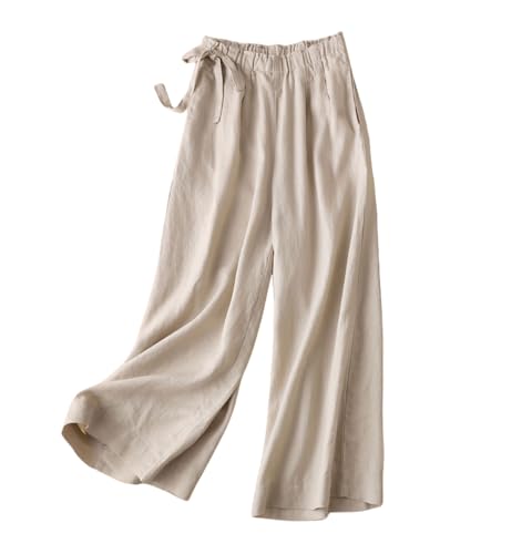 Women's Solid Color Elastic Waist Cotton Linen Wide Leg Pants Summer Lace Up Mosquito Proof Casual Pants