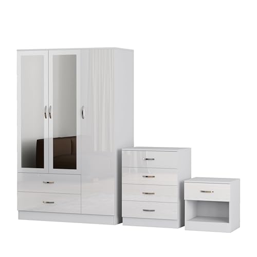 Nera 3 Door Wardrobe Set 3 Piece with Mirror Chest of Drawers Bedside Table for Bedroom Storage (High Gloss White Door(Matt White Carcass))