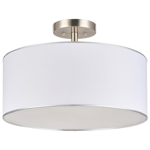 VONLUCE Semi Flush Mount Ceiling Light, 18' Drum Light Fixture with Diffused Shaped, Modern Drum Light Fixture for Bedroom Living Room Entryway Hallway, White Shade & Nickel Finish