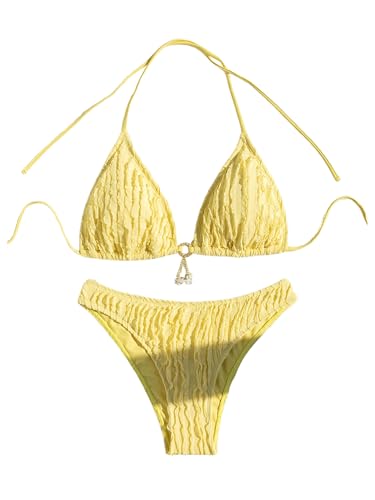 SHENHE Women's Two Piece Bikini Set Tie Back Textured Cheeky Halter Swimsuits Swimwear