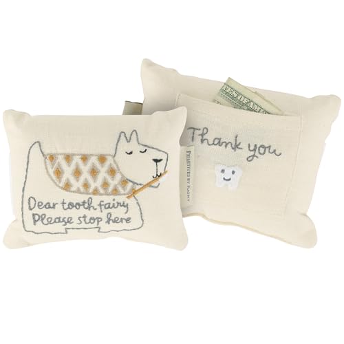 Image of Primitives by Kathy Puppy Tooth Fairy Pillow, 6.25 x 5-Inch Embroidered Dog with Toothbrush, Dear Tooth Fairy Please Stop Here Keepsake with Reward Pocket