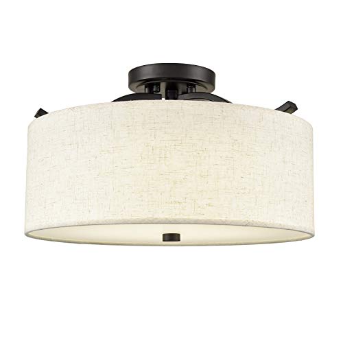 Image of YUBOLE Dimmable LED Ceiling Light Semi-Flush Mount- Adjustable Color Temperature 3000K-4000K-5000K Light with Off-White Fabric Drum Shade for Kitchen, Bedroom, Living Room, Hallway