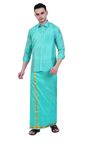 Image of PRAKASAM COTTON-Mens Art Silk Wedding Set /Art Silk 8 Mulam (8-Yard) Dhoti and Stitched Shirt for mens