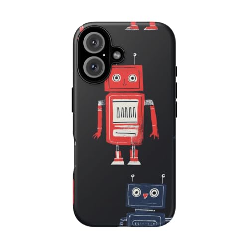 Coque iPhone 16 robot rétro rouge et bleu pour le quotidien