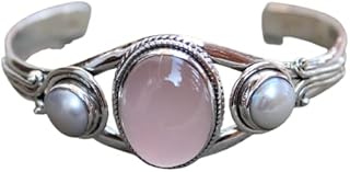 Rose Quartz With Pearl Bangle, 925 Sterling Silver, Adjustable Cuff Bangle, Unique Bangle, Vintage Style, Boho Bangle, Bridesmaids Jewelry, Antique Bangle, Genuine Stone Bangle, Gift For Her, Boho Statement Jewelry, Healing Crystal, Gypsy Jewelry, Charm Jewelry, Dainty Bracelet