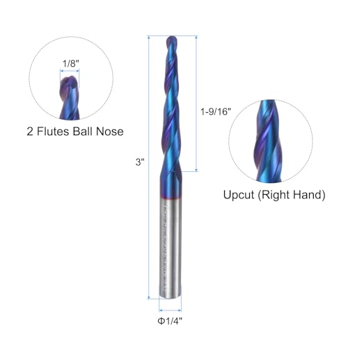 Image of uxcell Tapered Ball Nose End Mill CNC Router Bit, 1 /16 inch Radius 1 /4 inch Shank Solid Carbide Coated Upcut Spiral 2 Flutes Cutter Milling Tool, 1 /8 inch Dia 3 inch Total Length