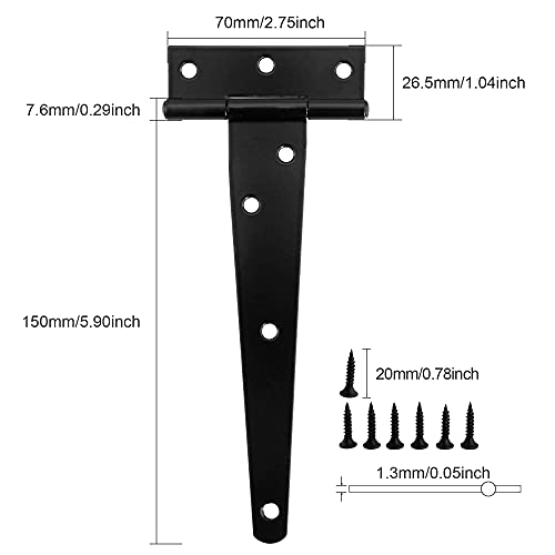 6Pcs T-Strap Hinge 6 Inch Light Duty Shed Door Barn Door Tee Hinge Black Rustproof Iron Metal Hinge Gate Hinge With Mounting Screws For Window Wooden Fence Cabinet Closet Door #TOP3