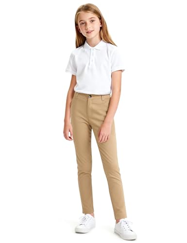 KEREDA Girls School Uniform Slim Fit Pants with Pockets Elastic Waist School Skinny Pants for Teen Girls Clothes 11-12 Years Khaki