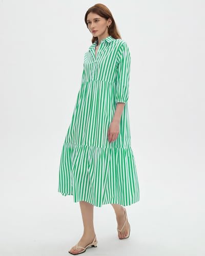 Image of EZAPINE Womens Babydoll Striped Shirt Midi Dress Puff Long Sleeve Collared Button Tunic Flowy Swing Dresses