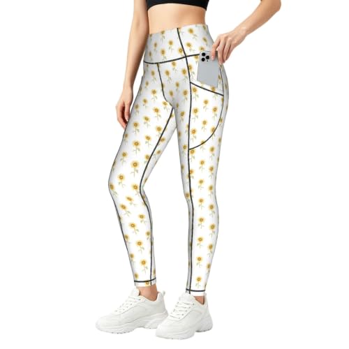 Pantalon de yoga femme extensible opaque imprimé tournesol taille haute