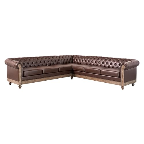 Image of Merax PU Chesterfield Sofa, Retro Upholstered 6 Seater Leather Rolled Arm Couch for Living Room Bedroom, Dark Brown