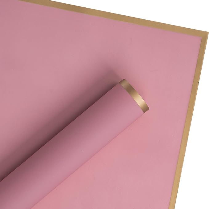 Image of Zarwani - 30 Sheets Korean Style Waterproof Pink Bouquet Wrapping Paper (58cm x 58cm, 60 Microns) | Golden Border Design, Giftwrap for Flowers & Christmas Gift Wrapping Paper (30, Gold Border Pink)