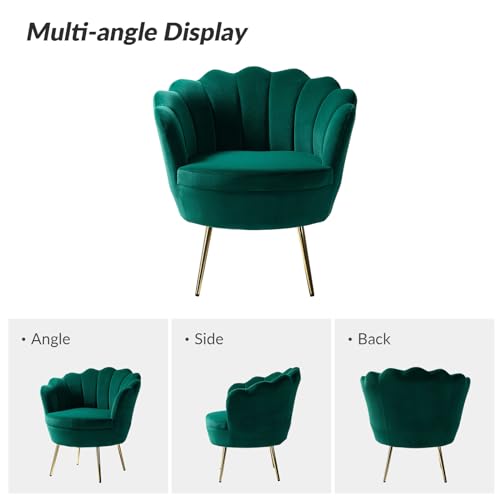 Image of HULALA HOME Modern Velvet Accent Chairs Set of 2 with Shell Shaped Back, Cute Living Room Bedroom Armchairs Sofa Chairs with Gold Legs, Comfy Upholstered Vanity Chairs for Makeup Room, Green