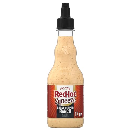 Image of Frank's RedHot Hot Sauce, Ghost Pepper Ranch, Squeeze Bottle, Hot Heat, Ghost Pepper Heat and Cool, Creamy Ranch, Squeeze On Burgers, Pizza, Salads, Sandwiches, Wraps, Dip with Veggies, Chicken Tenders, and Fries, 12 fl oz
