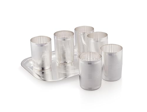 Image of Silverglow Harmony Tray Glass Set | Silver Plated Glass Set of 6 with Tray | Juice, Water, Beverages Serving Set | Tableware Set | Perfect Diwali, Office, Wedding Return Gift Item