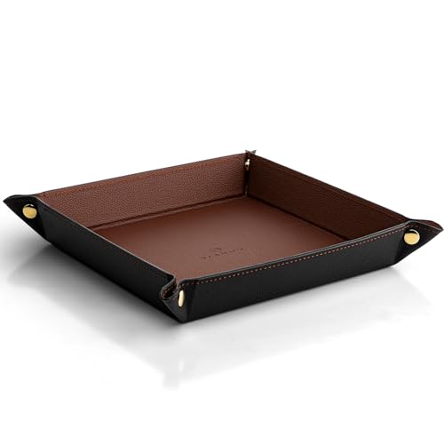 VLANDO レザートレー 折り畳み式 小物入れ 正方形 アクセサリー収納 腕時計 鍵 スマホ メガネ 男性 玄関 カフェ (L-ブラウン)