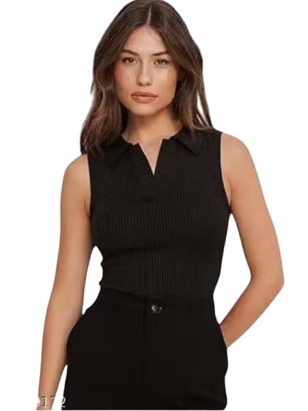 Women’s Sleeveless Ribbed Crop Top, Collared Neck Slim Fit Stylish Crop Top for Women & Girls, Casual Office Fashion Top-image-7