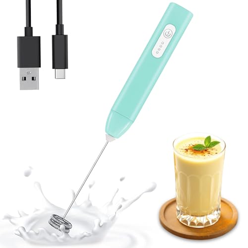 Image of GLUN Portable Coffee Frother Vibe Greenish Blue Colour 1 Piece, Type-C Port Rechargeable Handheld Milk Frother with 2-Layer Detachable Steel Whisk, Fast Foam Maker for Latte, Cappuccino & Coffee