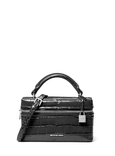 Michael Kors Jana Bolsa transversal extra pequena com alça superior, ferragens prateadas/couro em relevo de crocodilo/preta