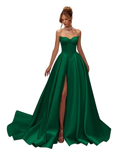 Corset Prom Dresses 2025 Strapless Beaded Satin A-Line Puffy Long Ball Gowns for Women with Slit