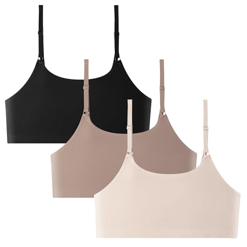 3 Stücke Weiche Bralette Cami BHS Keine Polsterung Bralette Ultra Bequeme Glättende Nahtlose Keine Unterwäsche BH Schlafen BH (DE/NL/SE/PL, Alphanumerisch, L, Regular, Regular, Black/Beige/Brown)