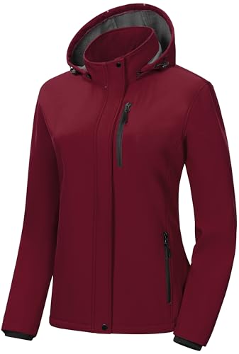 Pursky Women's Softshell Jacket Lightweight Fleece Lined Rain Jacket Waterproof Warm Windbreaker Coat With Removable Hood